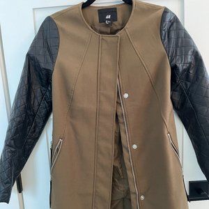 H&M Women's Green Coat with Faux Leather Sleeves, Size 2
